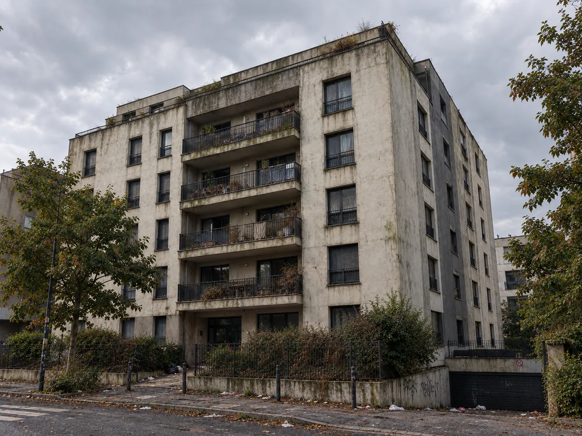 Façade d'immeuble grise et encrassée, avant le nettoyage